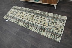 Vintage Turkish Runner Rug 2x7ft BEIGE Handmade Anatolian Oushak Hallway Wool