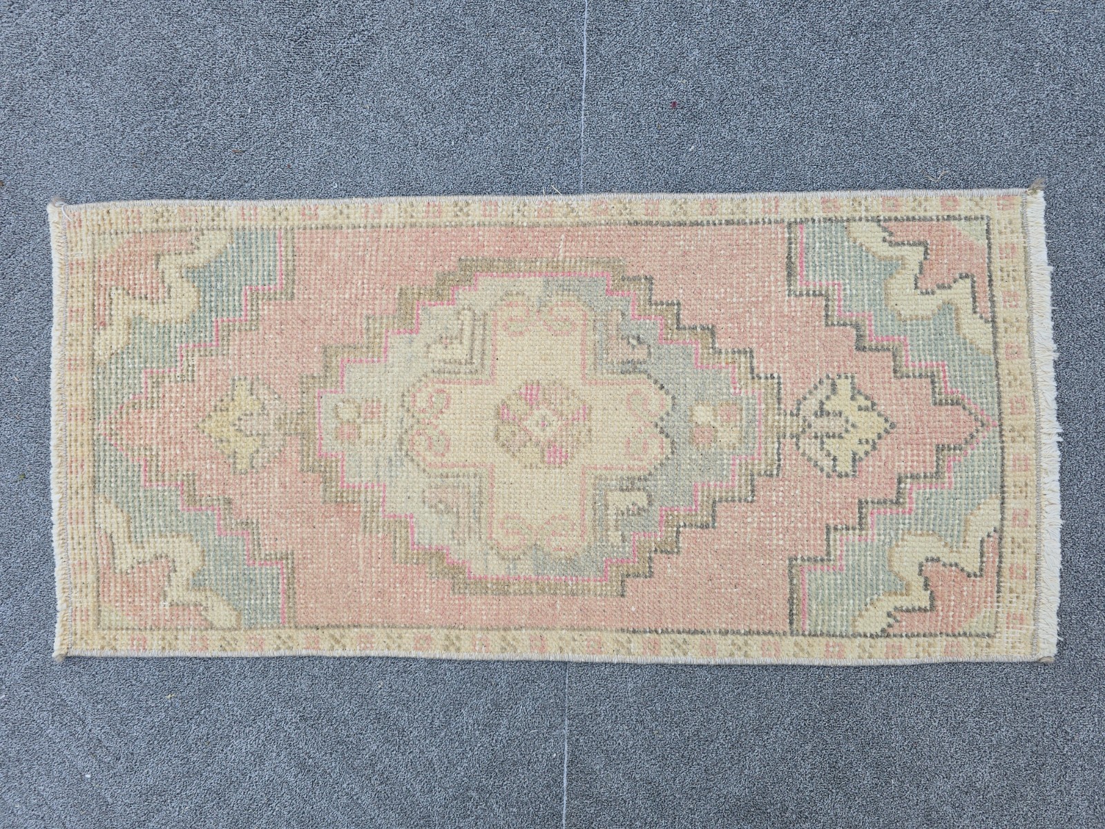 Vintage Turkish Oushak Rug 1.3x2.8 Hand Knotted Wool Pink Blue Cream Boho gallery