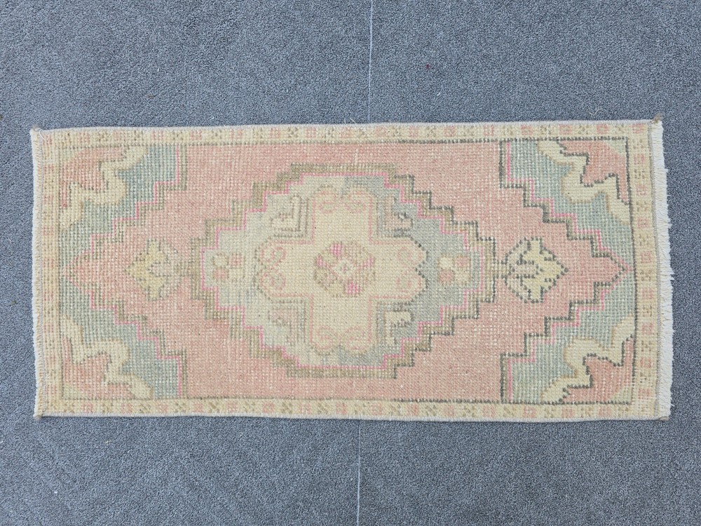 Vintage Turkish Oushak Rug 1.3x2.8 Hand Knotted Wool Pink Blue Cream Boho