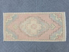 Vintage Turkish Oushak Rug 1.3×2.8 Hand Knotted Wool Pink Blue Cream Boho