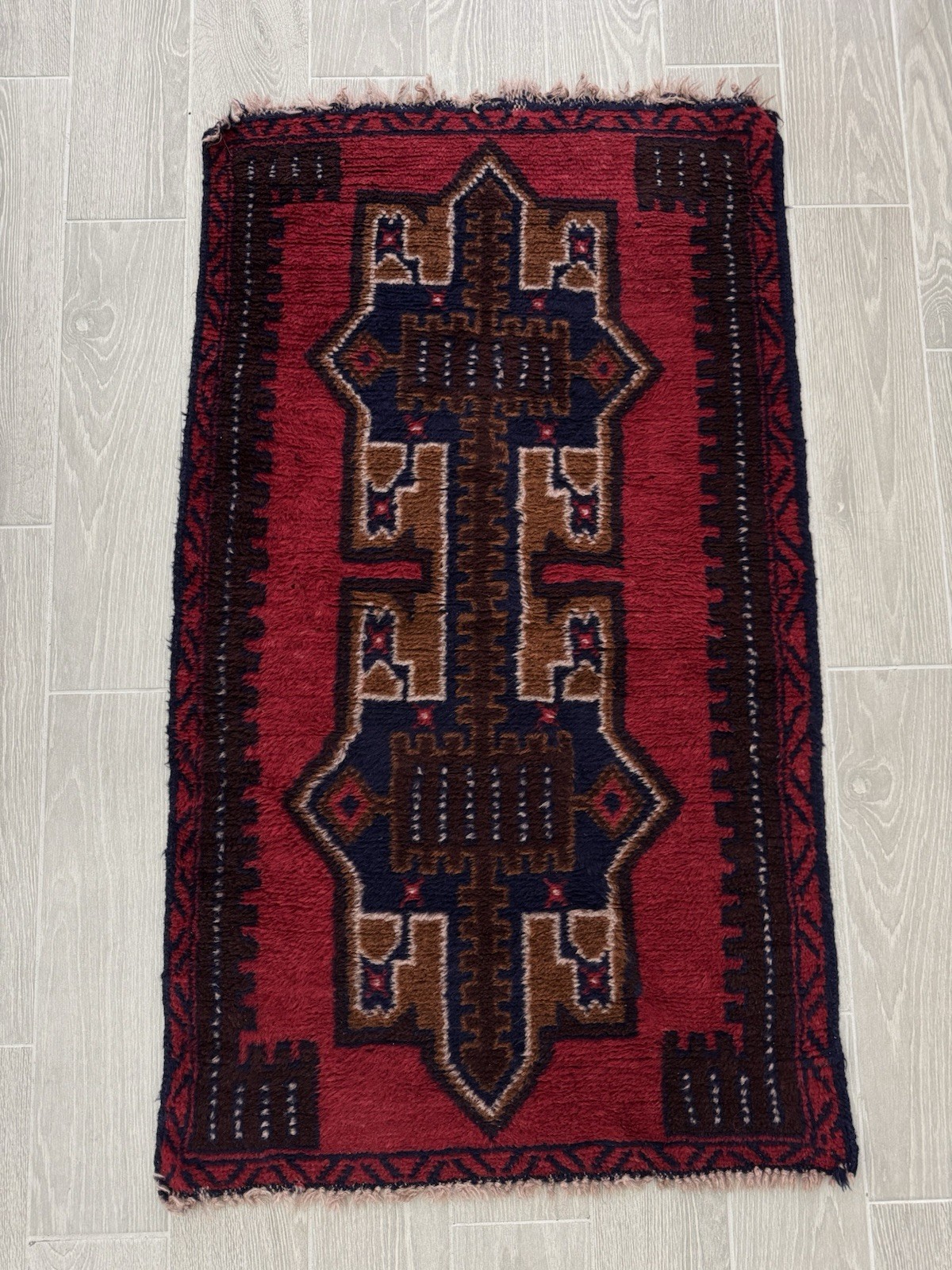 Hand-Knotted Prayer Balouch Red Blue Wool Oriental Rug 4’ 4” x 2’ 6.5” gallery