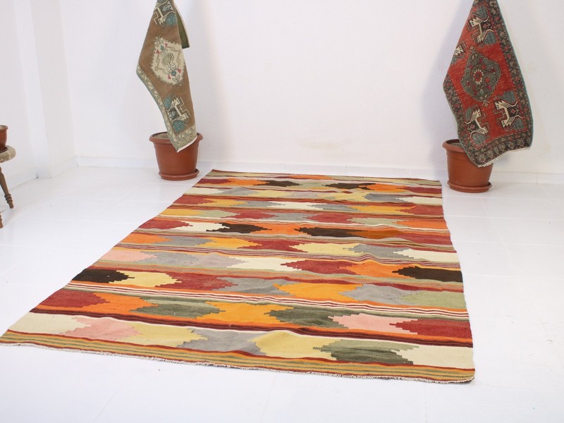 5x9 Turkish Handmade Kilim Rug Multi Color Striped Boho 5.5x8.9 ft gallery