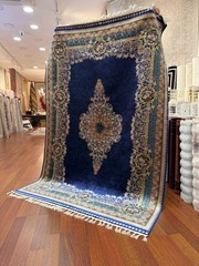 Turkish 100% Silk Rug 7×10 Navy Blue Gold Large Area Rug Floral Medallion Luxury