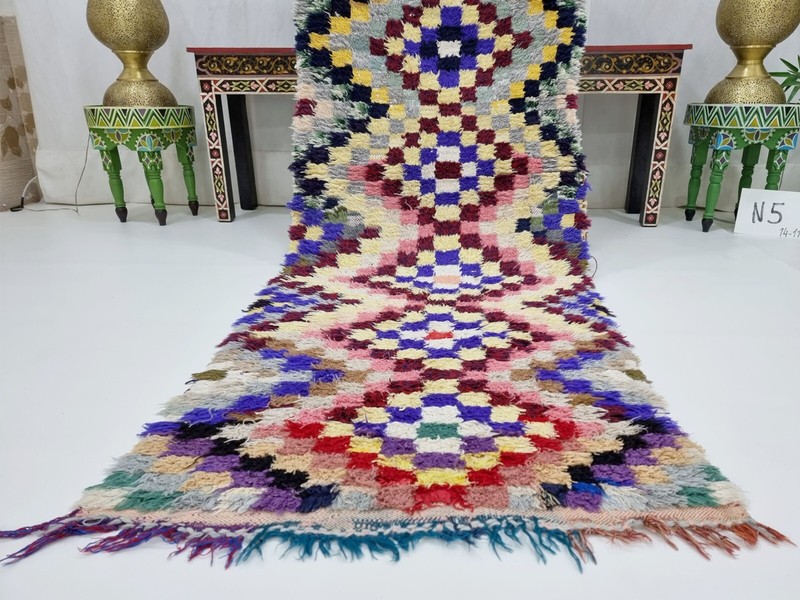 Moroccan Handmade Vintage Rug 2'8x8'7 Berber Checkered Funky Cotton Area Carpet gallery