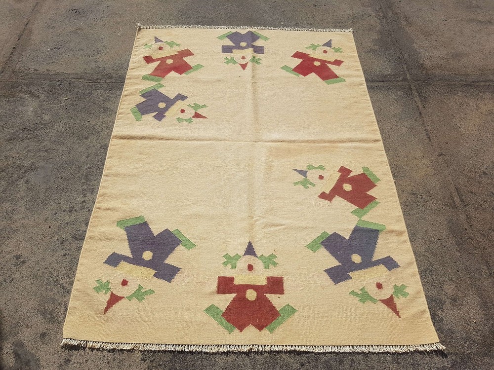 Vintage Handmade Traditional Geometric Beige Kilim Floor Rug Carpet 176x124cm