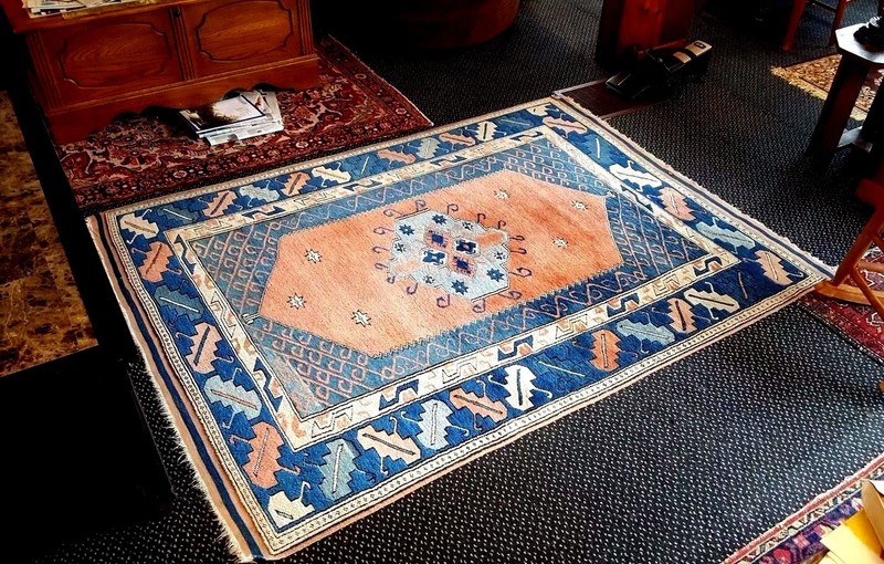 Vintage Turkish Oriental Rug (75 x 66 inches) PEACH and BLUE or 5'5 x 6'3 vgc gallery