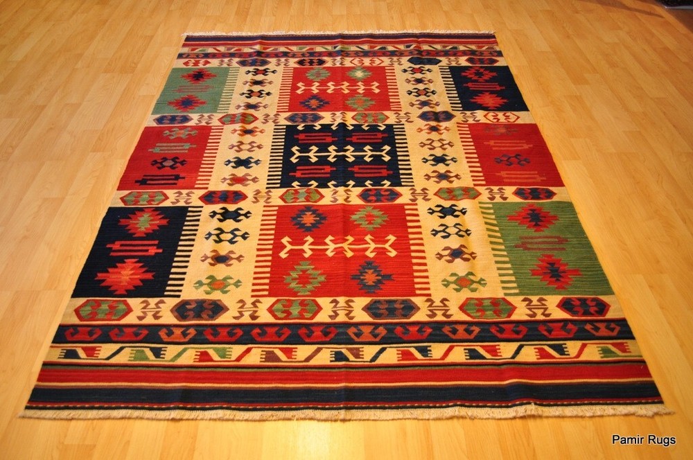 Southwestern Wool ***kilim*** area rug 5x7 handmade red and blue NAVAJO DESIGN