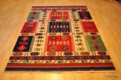 Southwestern Wool ***kilim*** area rug 5×7 handmade red and blue NAVAJO DESIGN
