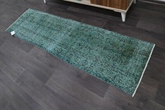 Vintage Turkish Runner Rug 2x6ft GREEN Handmade Anatolian Oushak Hallway Wool