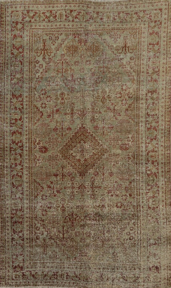 Antique Geometric Green/ Rust Wool Rug Hand-knotted Traditional Carpet 4x7