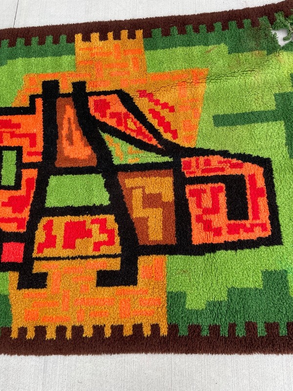 Hand Hooking Rug Handmade Fun 70's pattern and colors 88" x 55" Vintage 1970's gallery