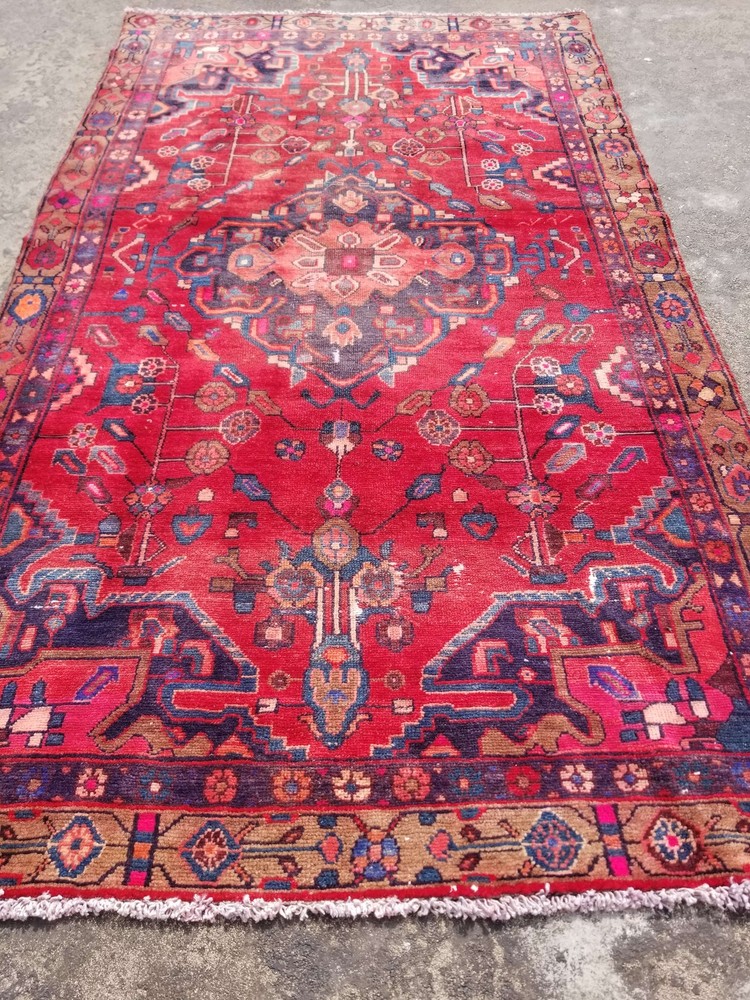Distressed Vintage Traditional Handmade Hamadan Wool Multicolor Rug 217x126cm