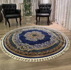 Turkish Silk Look Round Rug 5×5 ft Machine Made Classic Oriental Blue