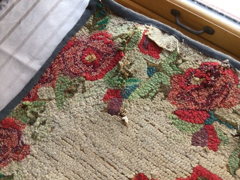 Wonderful Antique American Hooked Rug With Dog w/Lots of repair possibly Frost gallery