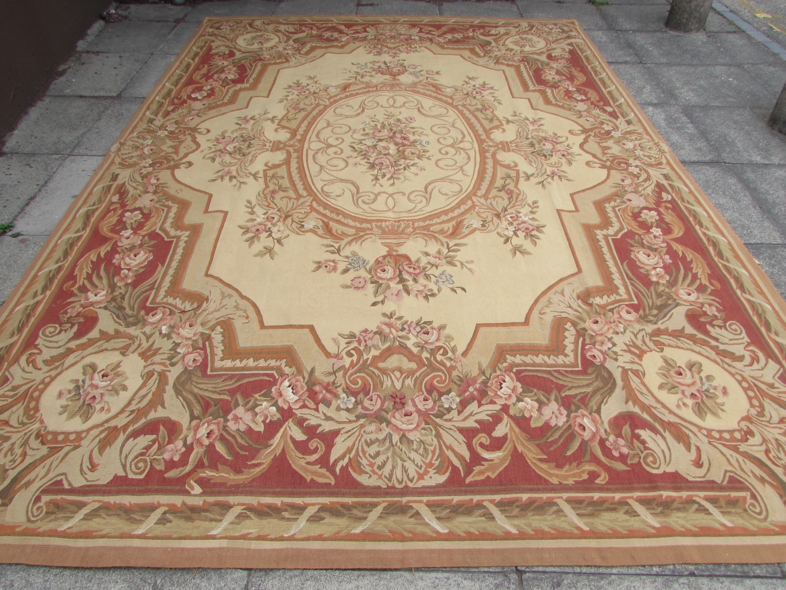 Old Hand Made French Design Wool 12x9 Beige Gold Original Aubusson 375X261cm gallery