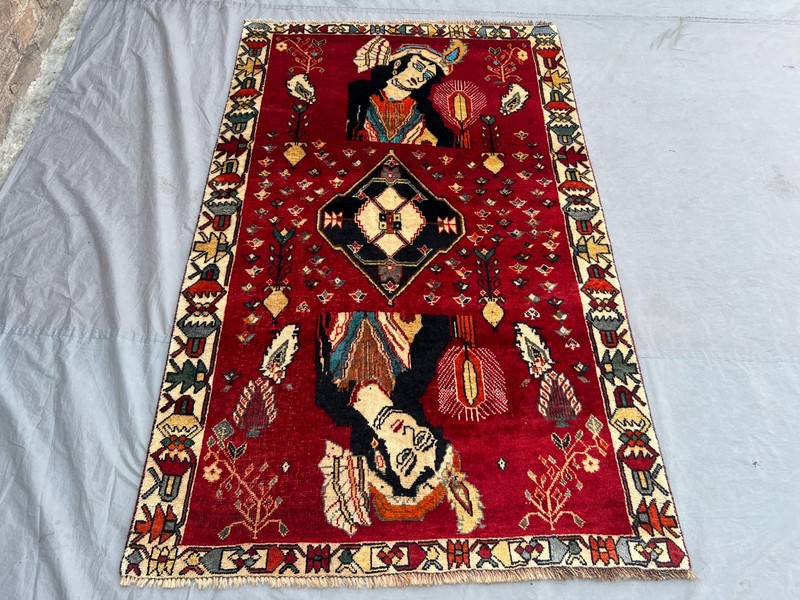 Red Antique Tribal Pictorial Hand Knotted Wool Rug 4x6 Unique Collector Rug gallery
