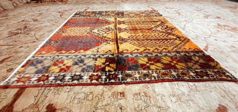 Primitive Antique Cr1900-1939s Multi-Colored Wool Pile Tribal Area Rug 5x5ft gallery