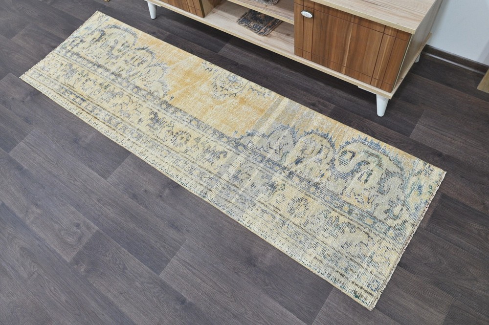 Vintage Turkish Runner Rug 2x7ft YELLOW Handmade Anatolian Oushak Hallway Wool