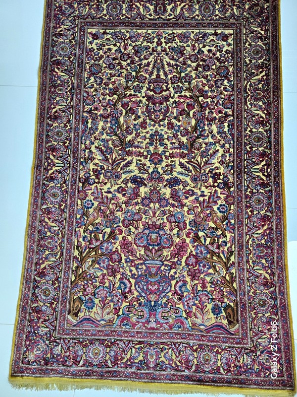 Rare Genuine Antique Silk Kashaan Souf Rug 3D Weave With Metal Threads gallery