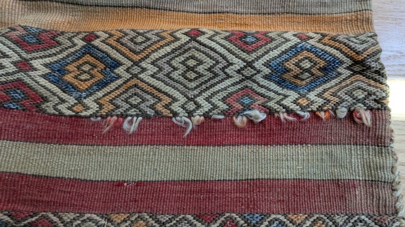 Antique Turkish Jijim Flatweave Bag Panel Stripe Diamond Geometric 48x32 Worn gallery