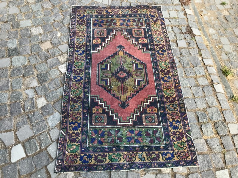 Bohemian Area Rug Handmade Wool Rug Turkish Vintage Traditional Rug 3,4 x 3,8 ft gallery