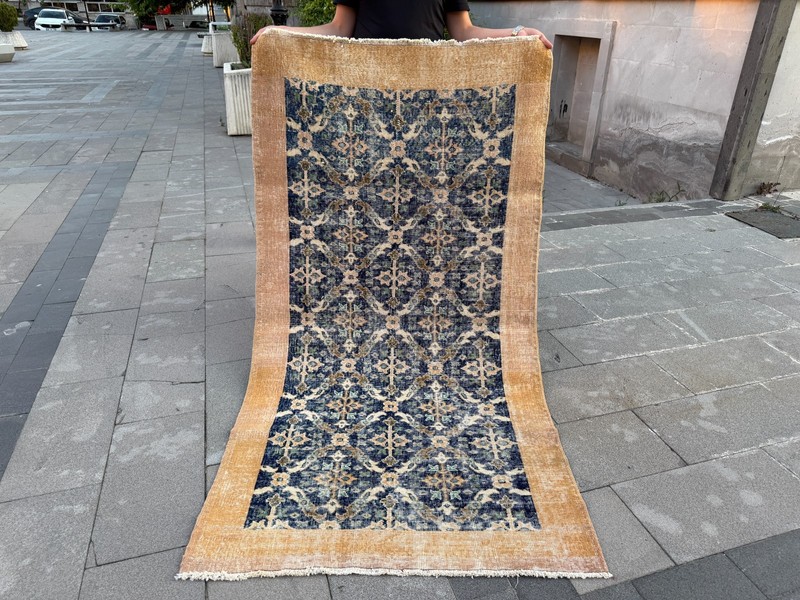 Vintage Turkish Rug 3.7x6.9 ft Blue Beige Handmade Wool Area Rug Distressed gallery