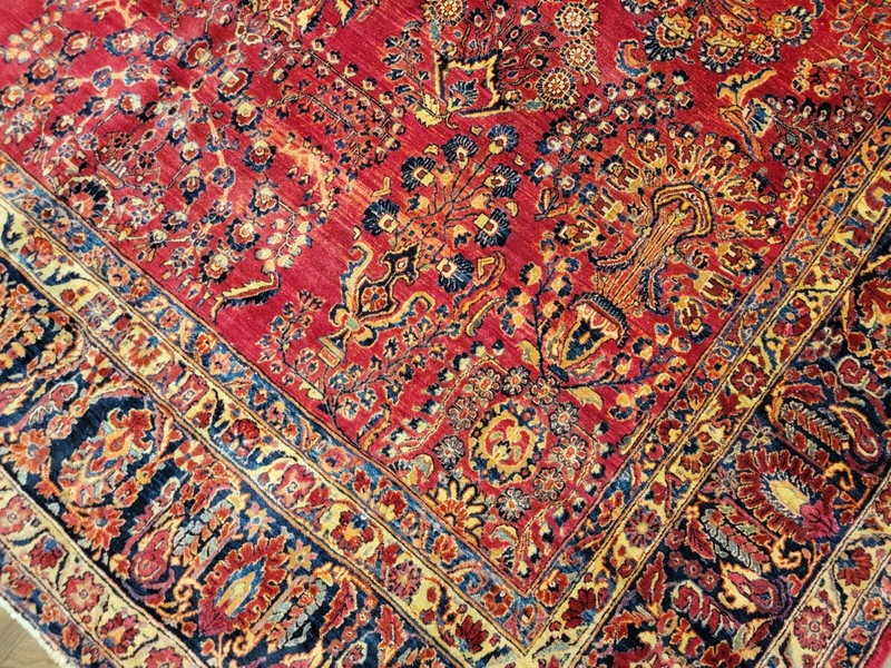 Antique hand knotted traditional design Sarouk rug size 10'2"×13' deep red gallery