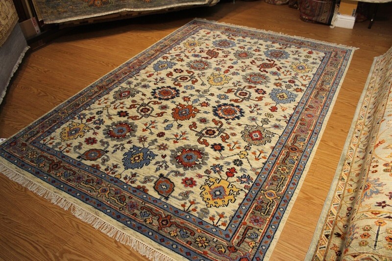 Handmade Wool rug. Beige Background, 6' x 9' red, blue, cream ivory Pm75 gallery