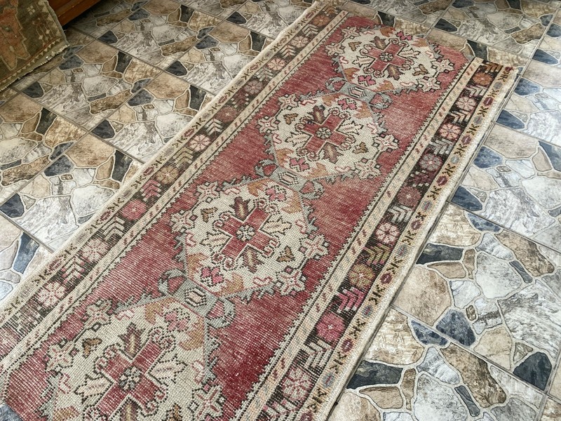 1970s Geometric Turkish Vintage Runner, Tribal Handmade Anatolian Rug 3.3 × 6.7 gallery