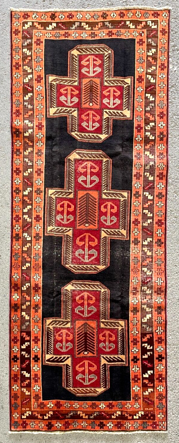 VINTAGE KAZAK RUNNER, HAND MADE HALLWAY OLD CAUCASIAN RUG CARPET 10'5" X 3'10" gallery