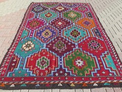 Boho Rug, Area Rugs, Turkish Kilim, Embroidery Rug, Handmade Wool Carpet76″x115″