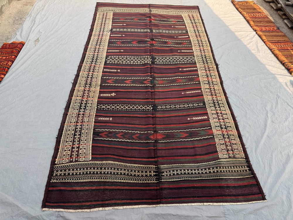 6'8x12'8 ft Vintage Afghan Baluchi Kilim Handwoven Wool Flatweave Rug