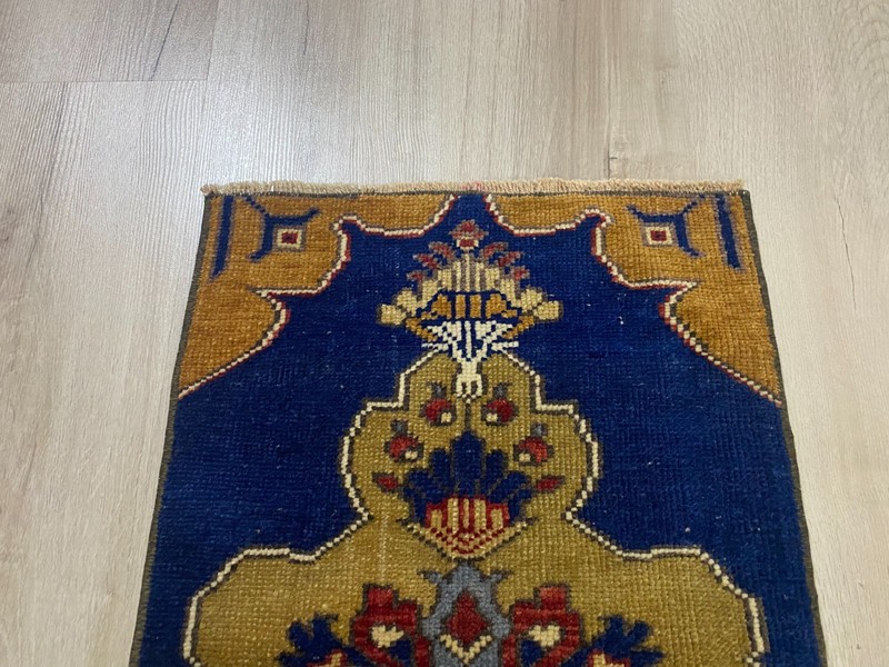 Vintage Turkish Hand Knotted Wool Runner Rug 1.3x2.6 Ft Blue Anatolian Rug gallery