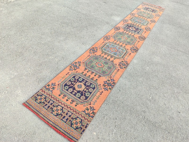 16'8" ft extra long runner rug stair hallway, Long runner Turkish Oushak vintage gallery