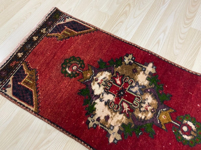 Antique Turkish Rug 1.4x3.1 ft Vintage Deep Red Tribal Small Runner Boho Mat gallery