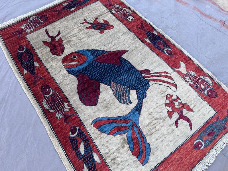 Hand Knotted Afghan Wool Rug 3x5 Pictorial Fish Red Border Area Carpet gallery