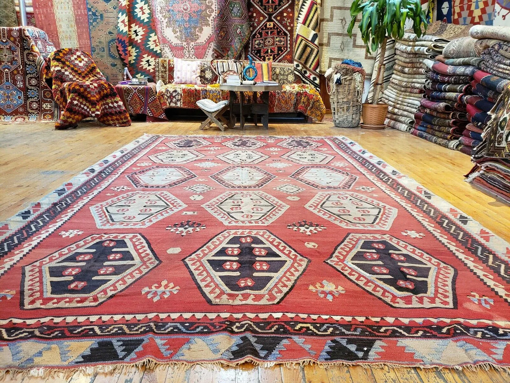 Bohemian c1900-1939s Antique Natural Dye Wool Kilim Sivas Region 6'10"×11'
