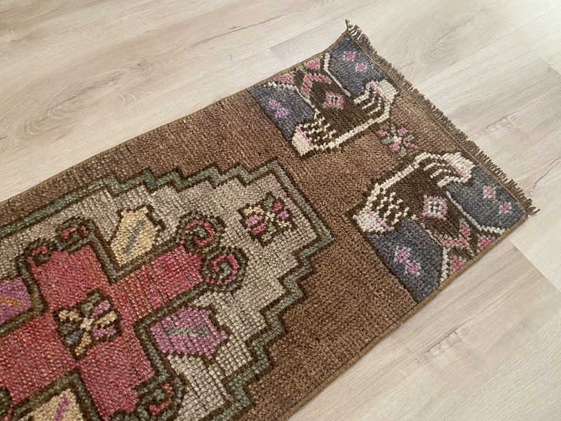 Brown Turkish Runner Rug Handmade Vintage Wool Hallway Rug 1.3x3.5 Ft gallery