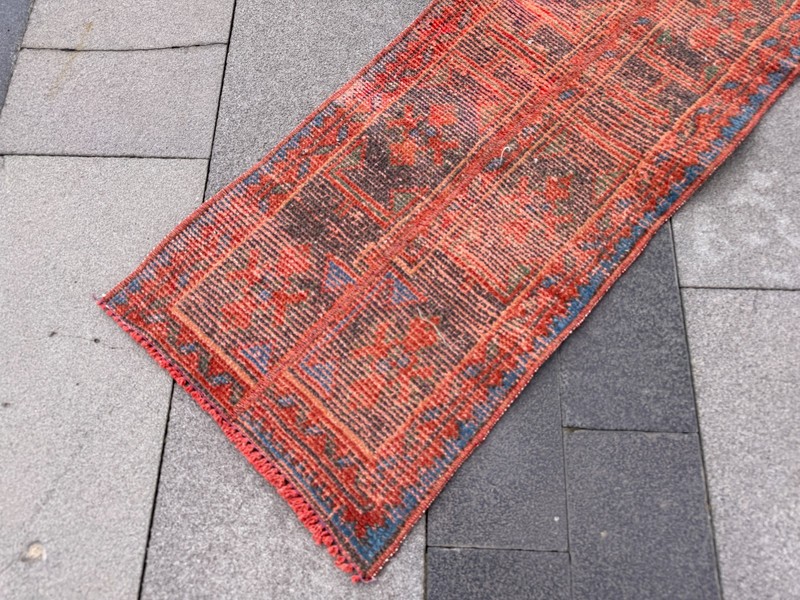 Vintage Turkish Runner Rug 1.5x11.6 ft Red Blue Oushak Hallway Rug gallery