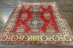 Square Turksih Rug 6×6 Azerbaijani Azeri Armenian Carpet Red Tan Blue Geometric
