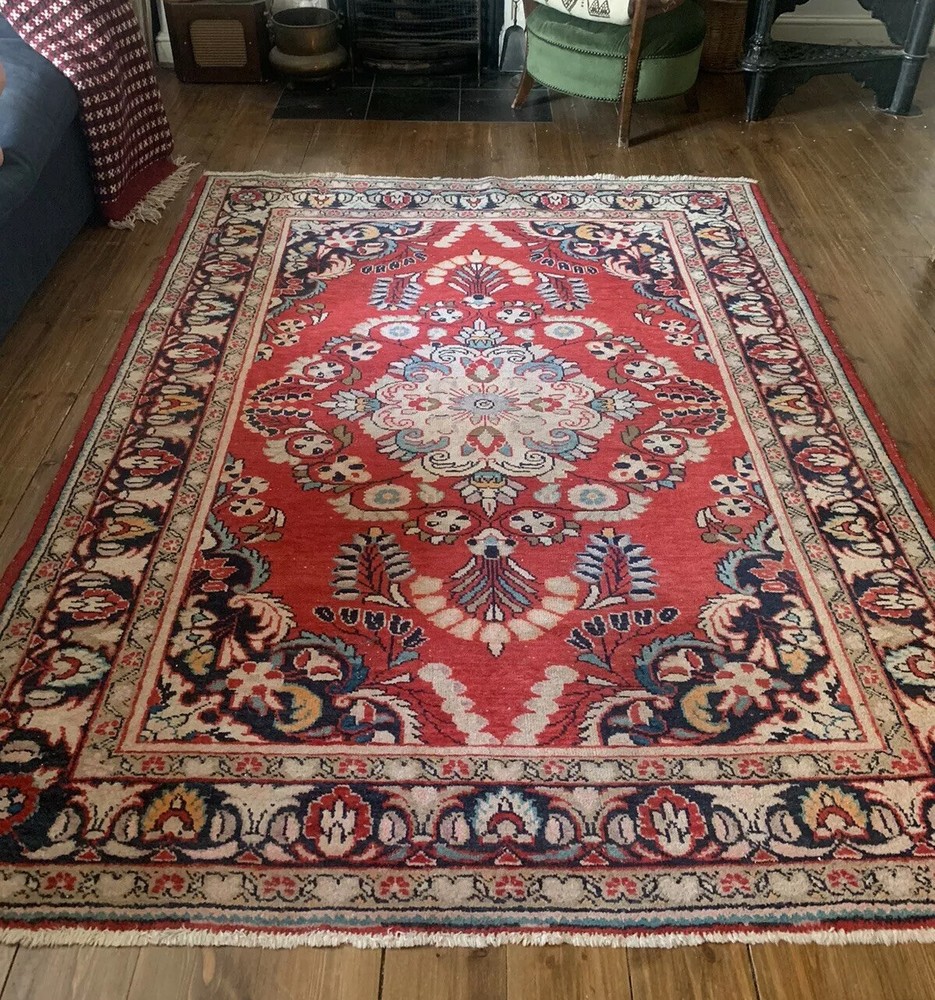 Vintage 1920s / 30s Art Deco Bordered Floral Medium Pile Wool Rug 6ft 9 x 5ft 2