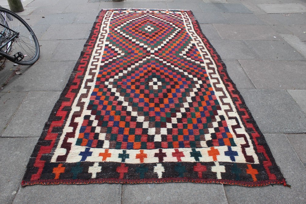 Vintage Traditional Hand Made Oriental Wool Red Blue Kilim 350x160cm