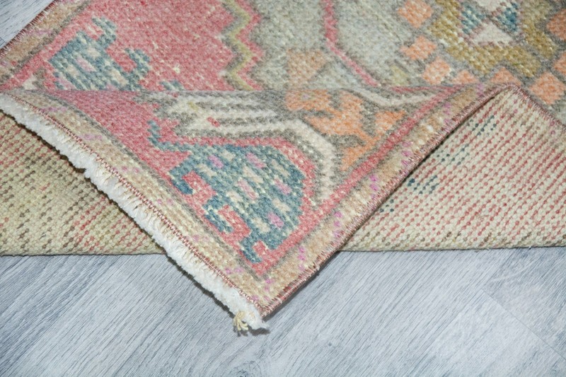 Vintage Turkish Rug 18x38 Inches, Small Modern Oushak Rug, Pink Light Color gallery