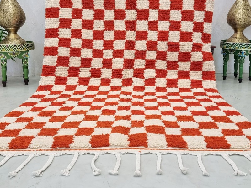 Moroccan Handmade BeniOurain Rug5'3x8'7 Berber Checkered Orange & White Wool Rug gallery