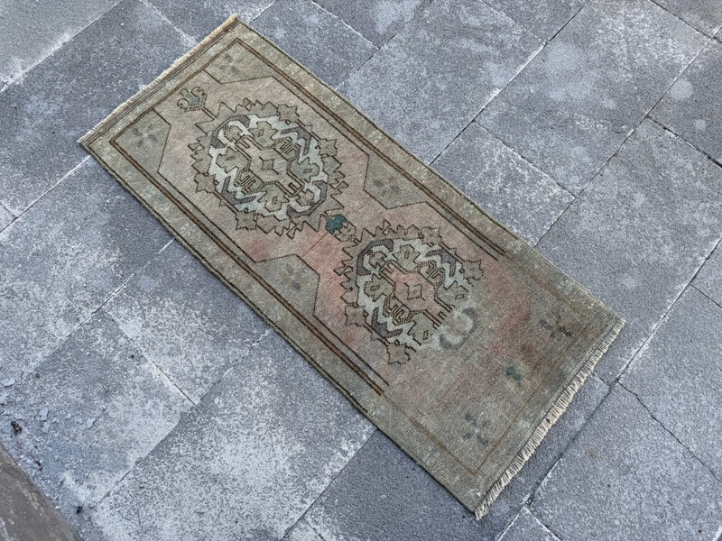 One of a Kind Turkish Rug 1.6x3.9 Ft Handmade Wool Vintage Green Accent Rug gallery