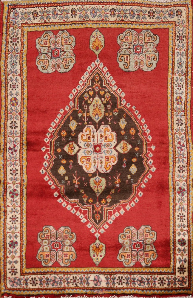 Red/ Ivory Geometric Wool Tribal Rug 3x4 ft Handmade for Foyer