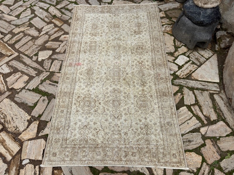 Hand-Woven Oushak Carpet 4x7 Beige Wool Floral Area Rug Medium Size Anatolian gallery