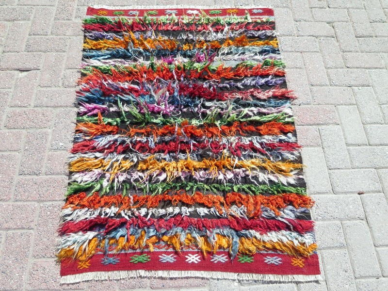 Shaggy Rug Mohair Rug Long Hair Rug Multicolor Carpet Vintage Tulu Rugs 35"x50" gallery