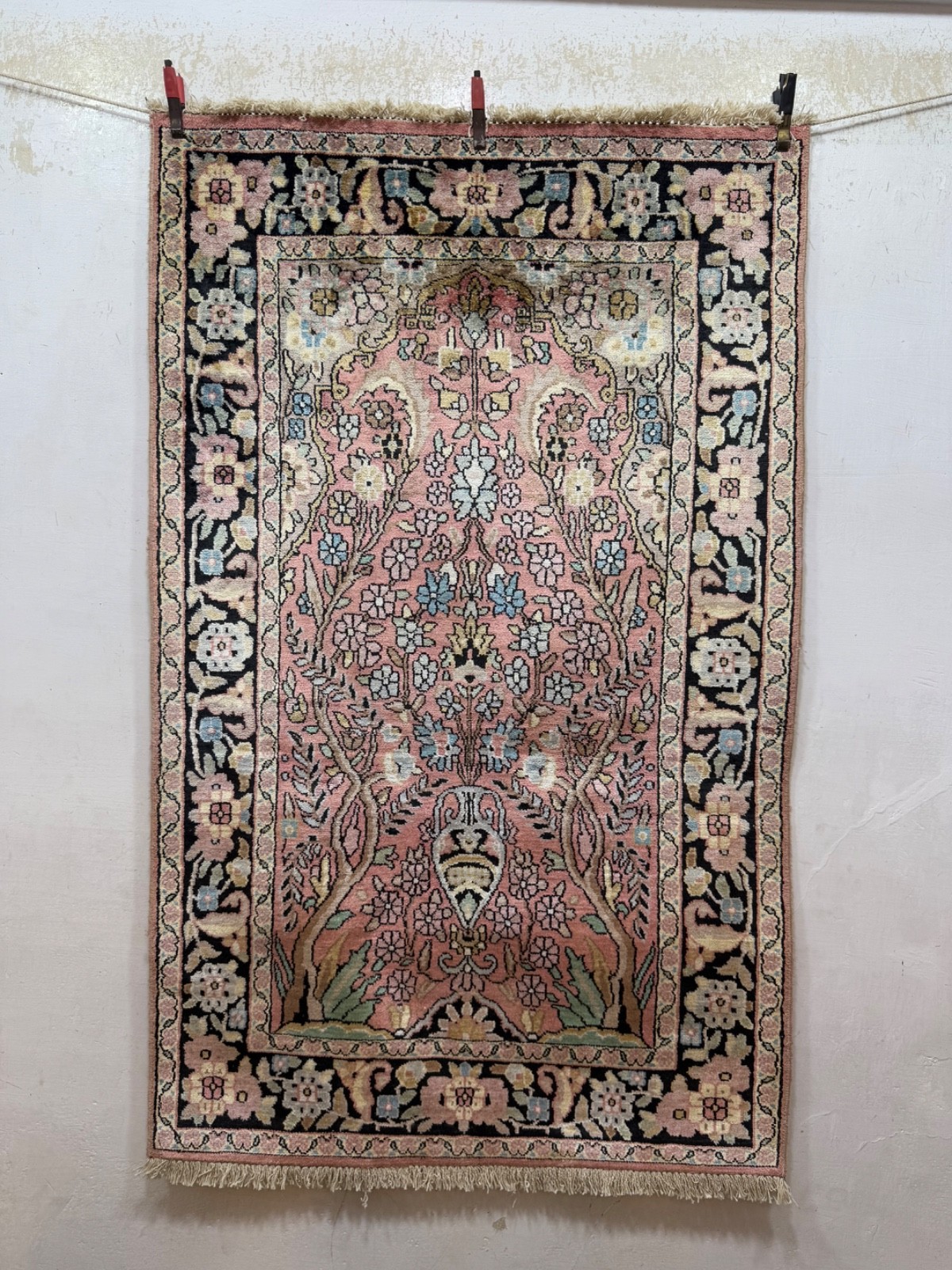 Vintage Beautiful Hand Knotted Kashmiri Silk Prayer Design Rug 123x76 Cm gallery