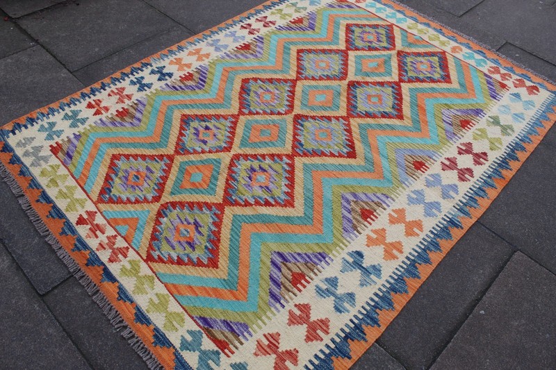 Kilim Vintage Traditional Hand Made Oriental Orange Green Wool Kilim 210x152cm gallery